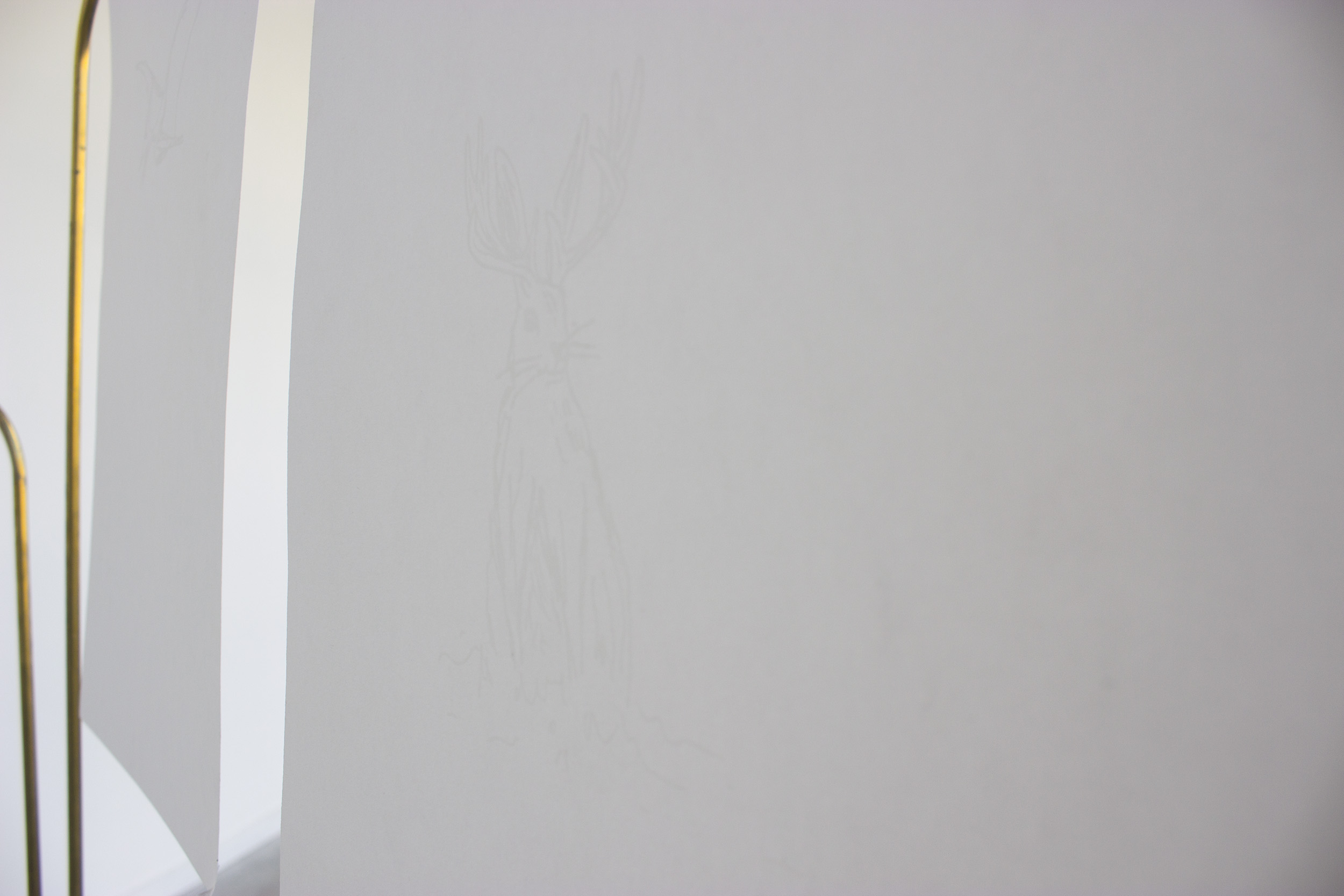 Sur une des feuilles, on voit une sérigraphie de jackalop, un lièvre avec des bois de cerf, en blanc sur blanc.